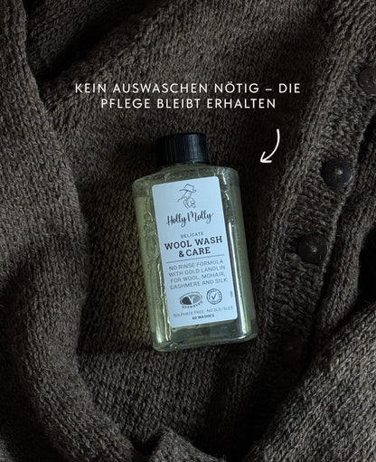 Sanftes, lanolinhaltiges Feinwaschmittel für Wolle, Kaschmir, Mohair und Seide, dermatologisch getestet, geruchslos, tierversuchsfrei, ideal zur schonenden Pflege empfindlicher Naturfasern